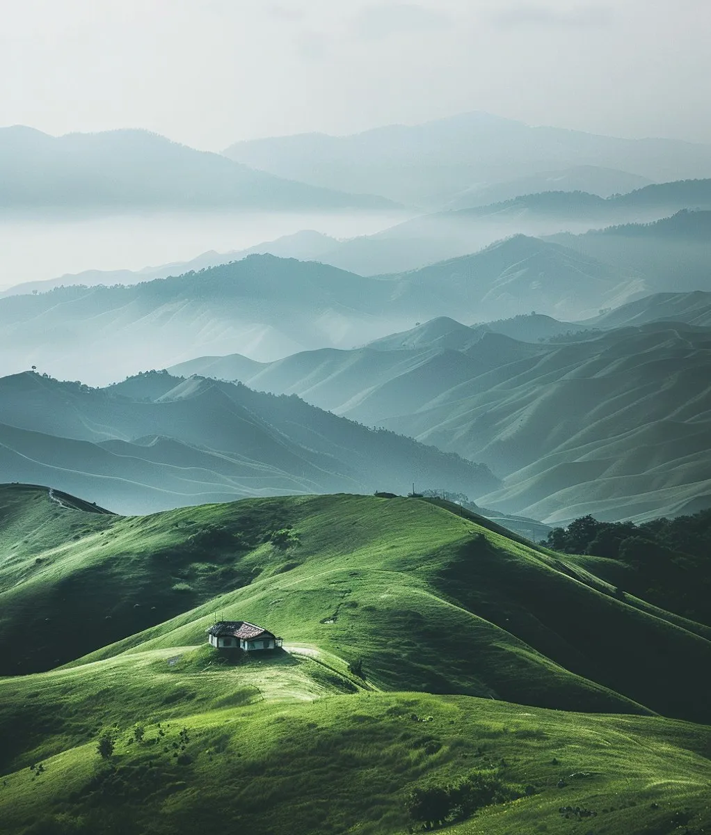 Green rolling hills with a single small house on a slope, and misty blue mountain ranges in the distance