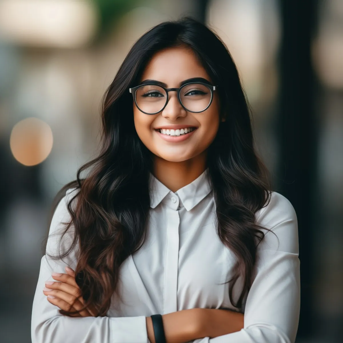 Smiling young woman in round glasses and a white blouse, arms crossed
