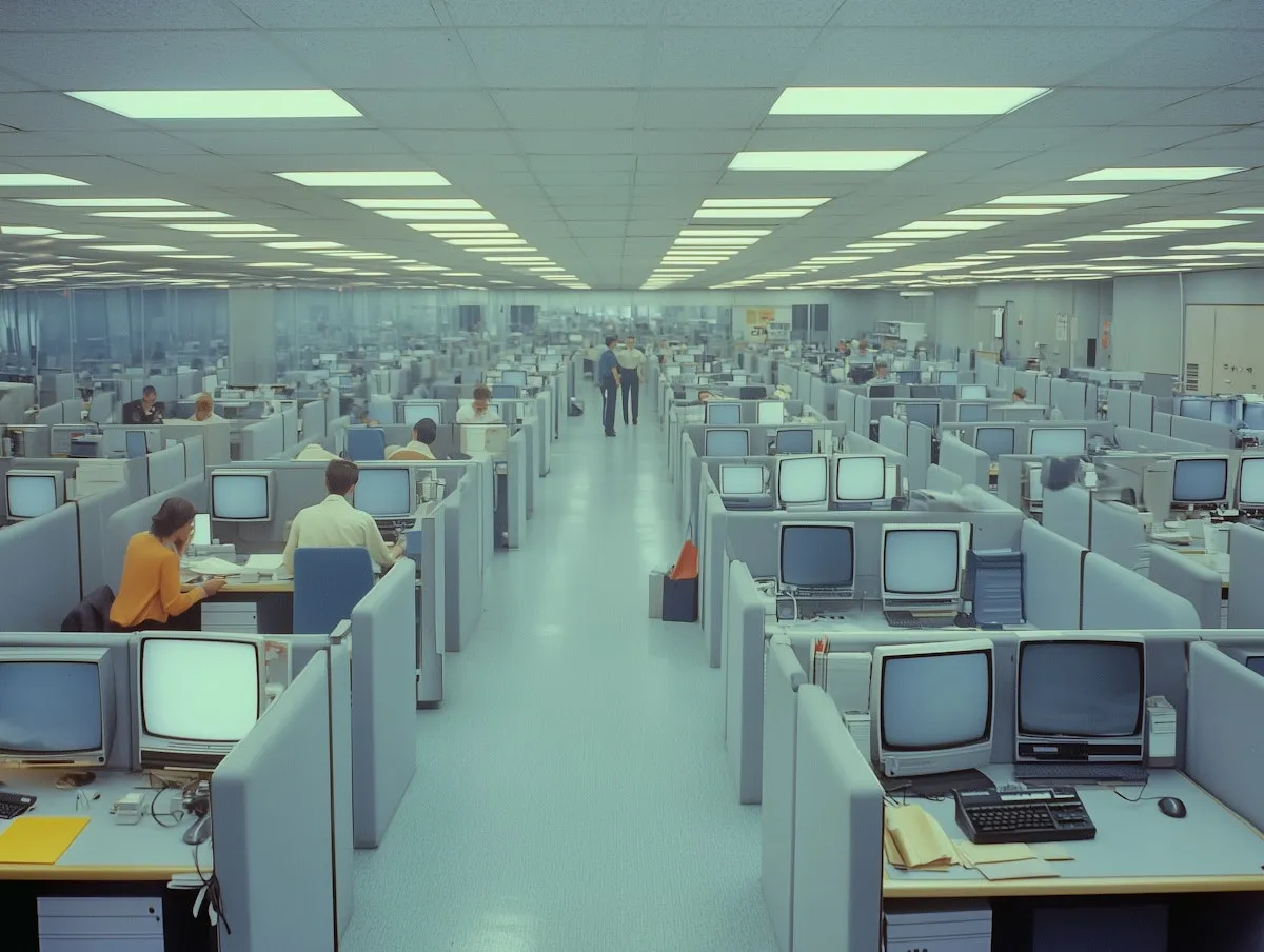 Rows of grey cubicles with old CRT monitors under long strips of fluorescent ceiling lights