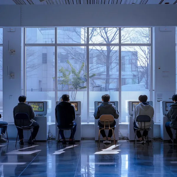 Five people in hoodies sit on chairs at screen kiosks in front of tall windows with bare trees outside