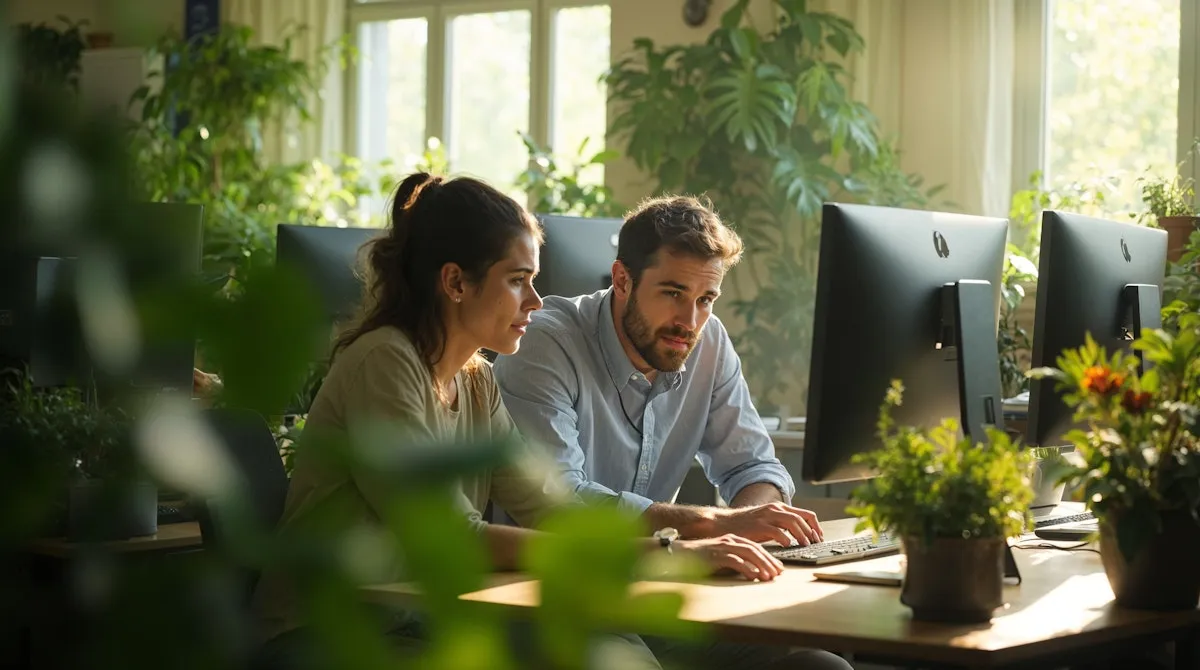 A man and a woman sit side by side at a computer screen, surrounded by leafy plants