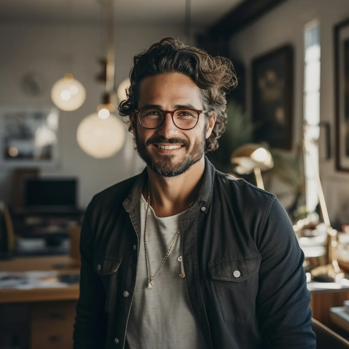 Smiling man with curly hair and glasses wearing a dark jacket in a bright studio