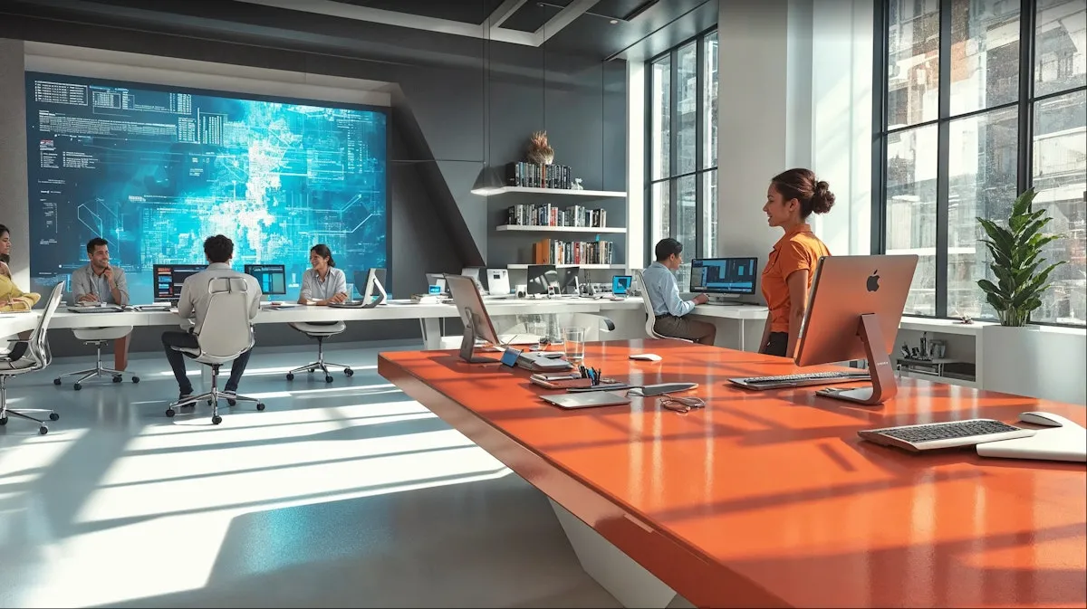 A modern office with a wall-sized blue screen showing data and code, people at white desks and an orange table