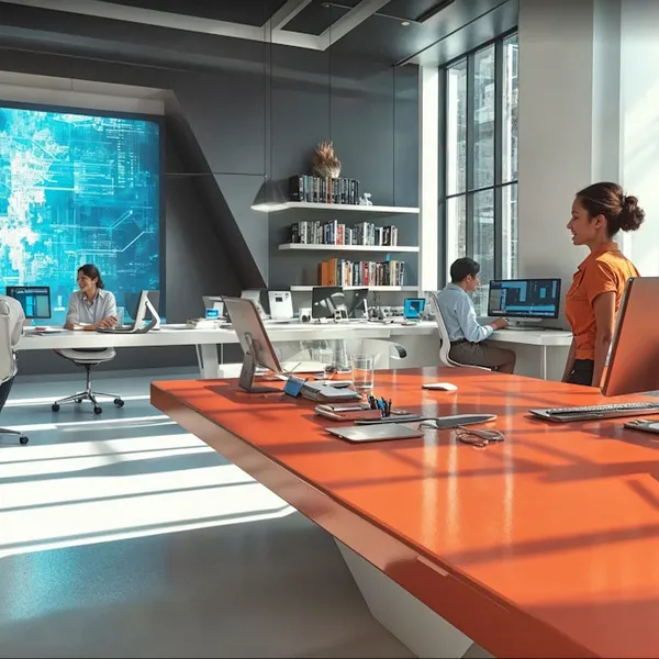 A bright modern office with an orange desk, a wall-sized blue screen and people working at white desks