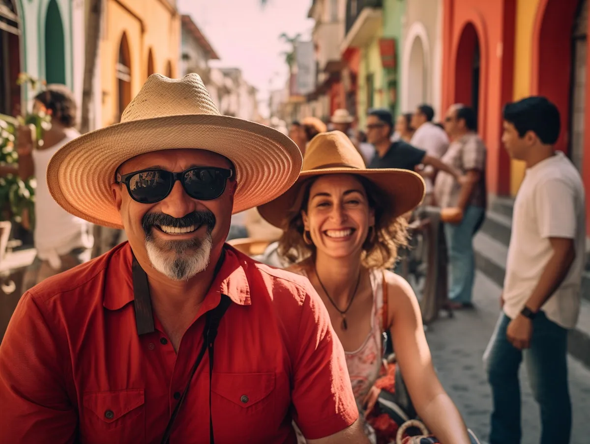 Smiling couple in straw sun hats on a colourful street lined with shops