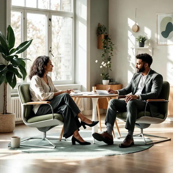 A woman and a man in conversation on armchairs in a bright room full of plants