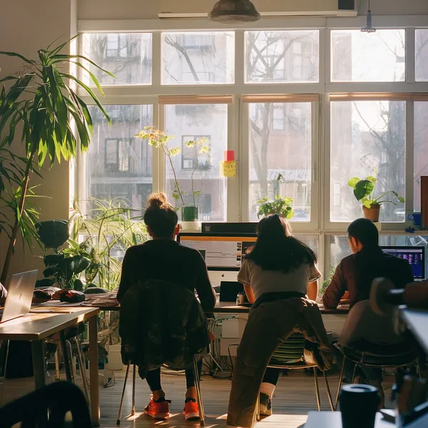 Three people seen from behind work at desks facing tall sunlit windows, with plants and a hanging air duct