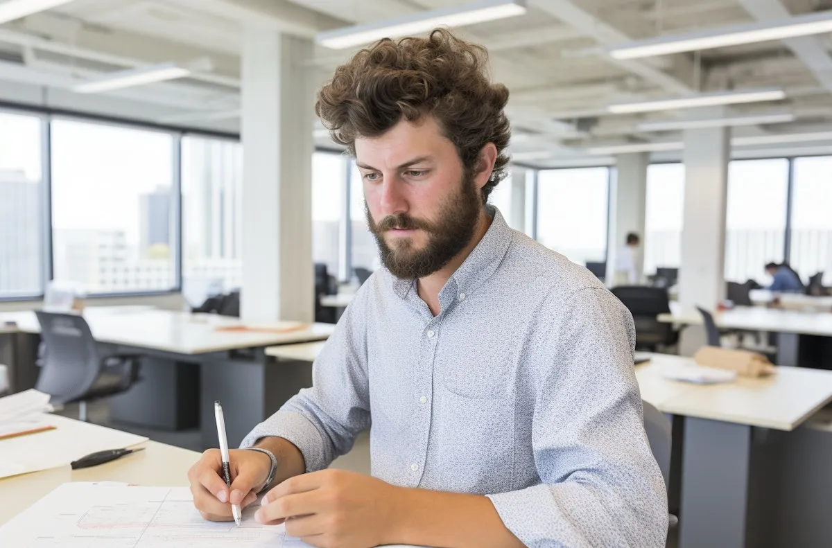 A bearded man in a light blue shirt writes notes with a pen at a desk in an open-plan office