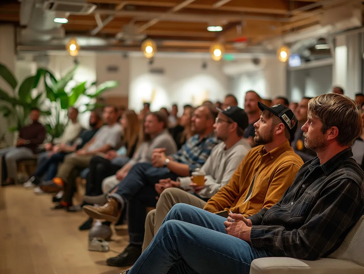 A row of attentive people seated in a warmly lit room with exposed beams, listening to a talk
